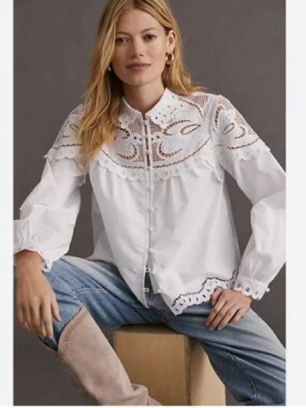 Anthropologie White Lace Eyelet Button-Up Blouse Size M